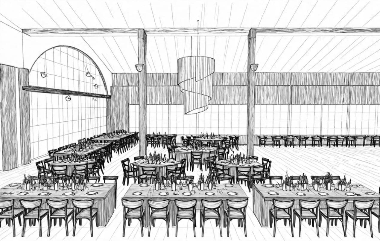 A line drawing of the hall in perspective: an arched window, structural columns, a spiral pendant lamp and long tables with cross-back chairs.