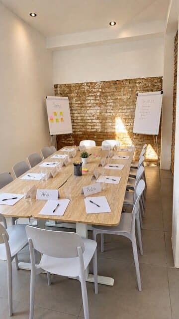 Sala de Usos Múltiples de Melchor montada como taller: mesa larga con tarjetas de nombre y dos rotafolios contra el muro de ladrillo.