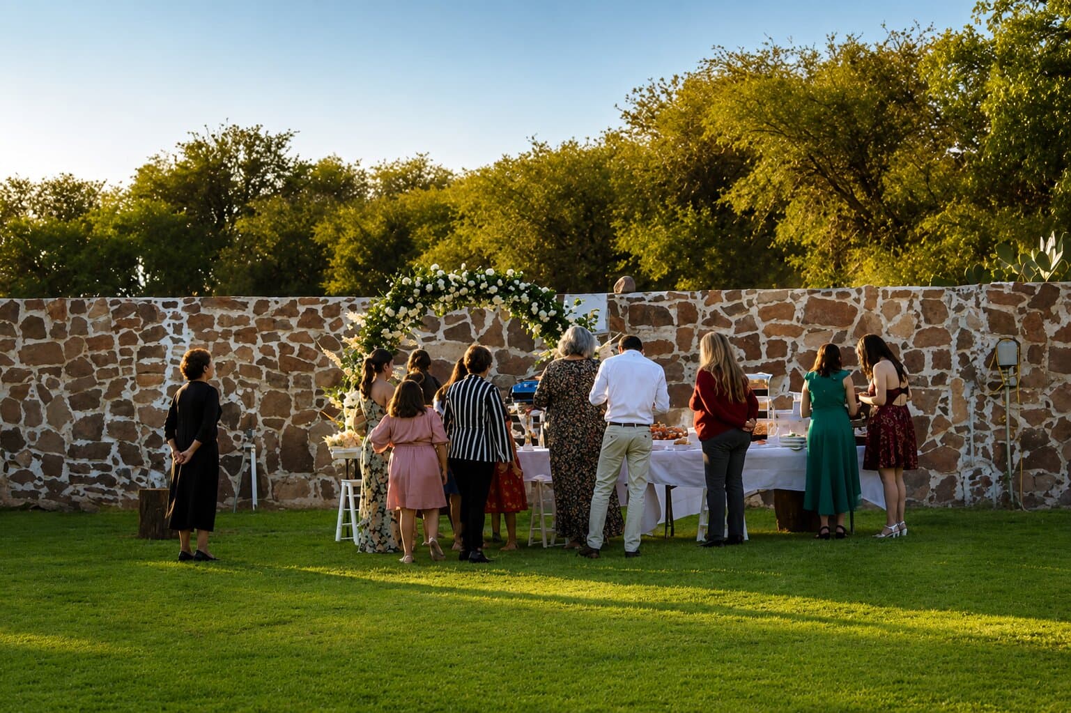 Grupo de personas reunido alrededor de una mesa en el jardín de Villa Alvento, junto al muro de piedra, al atardecer.