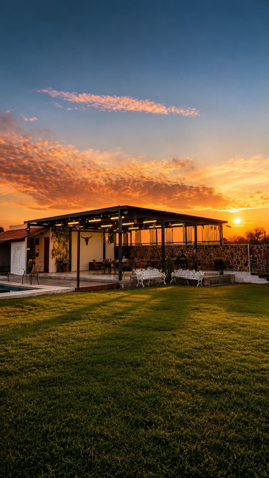 Terraza cubierta de Villa Alvento al atardecer, con luces colgantes sobre el comedor exterior y el jardín en primer plano.